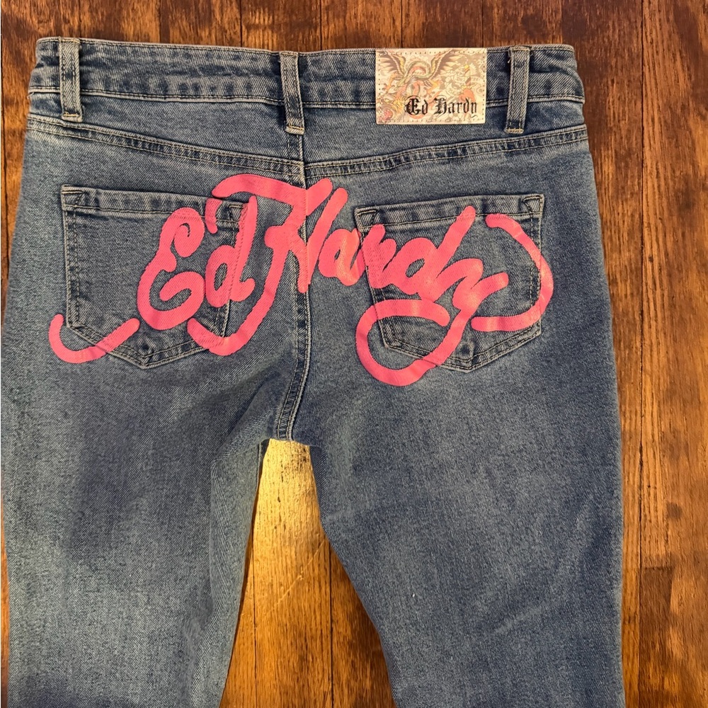 Ed Hardy Pink Logo Bootcut Jeans Y2K Mid Rise